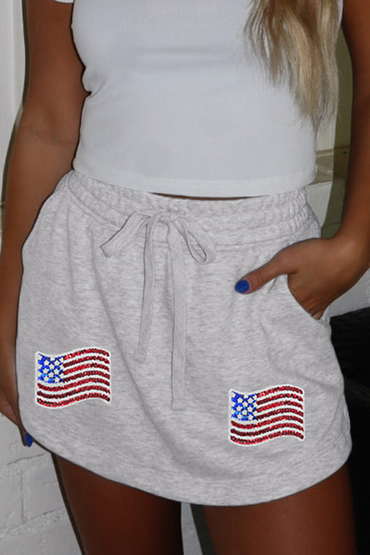 Light Grey American Flag Patched Lace-up High Waist Skort Graphic Pants JT's Designer Fashion