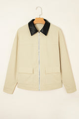 Parchment Contrast Leather Collar Textured Zip Up Jacket Jackets JT's Designer Fashion