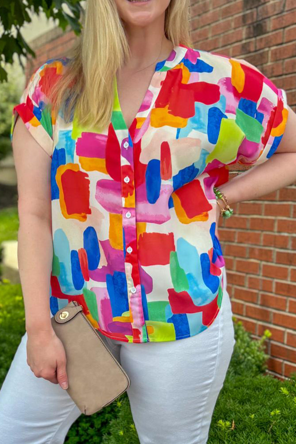 Colorful Brush Stroke Printed Plus Size Button Split Neck Blouse Red Stripe 100%Polyester Plus Size Blouses & Shirts JT's Designer Fashion