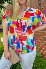 Colorful Brush Stroke Printed Plus Size Button Split Neck Blouse Red Stripe 100%Polyester Plus Size Blouses & Shirts JT's Designer Fashion
