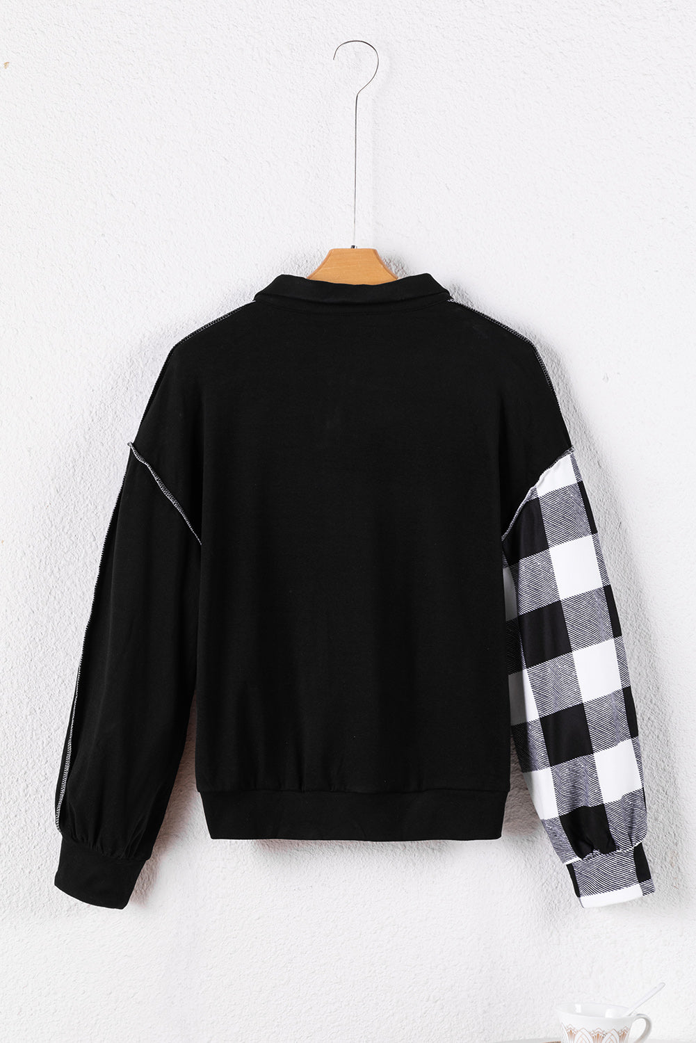 Black Checkboard Patchwork Exposed Stitching Collared Top Long Sleeve Tops JT's Designer Fashion