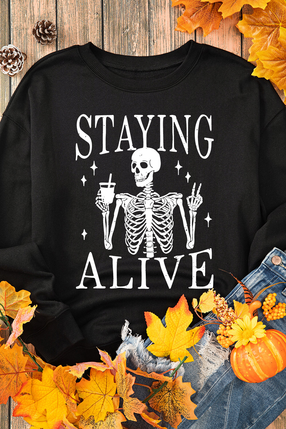 Black STAYING ALIVE Skull Graphic Crewneck Halloween Sweatshirt Graphic Sweatshirts JT's Designer Fashion