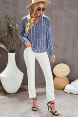 Blue Striped V Neck Pocket Long Sleeve Top Long Sleeve Tops JT's Designer Fashion