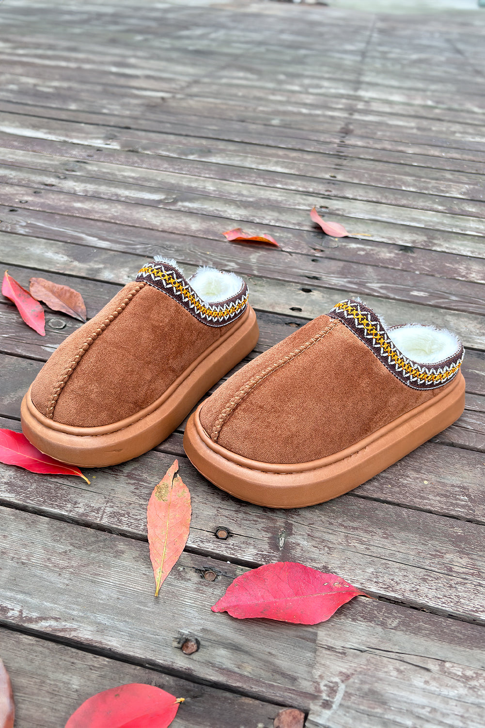 Chestnut Contrast Edge Suede Plush Lined Thick Sole Winter Slippers Slippers JT's Designer Fashion