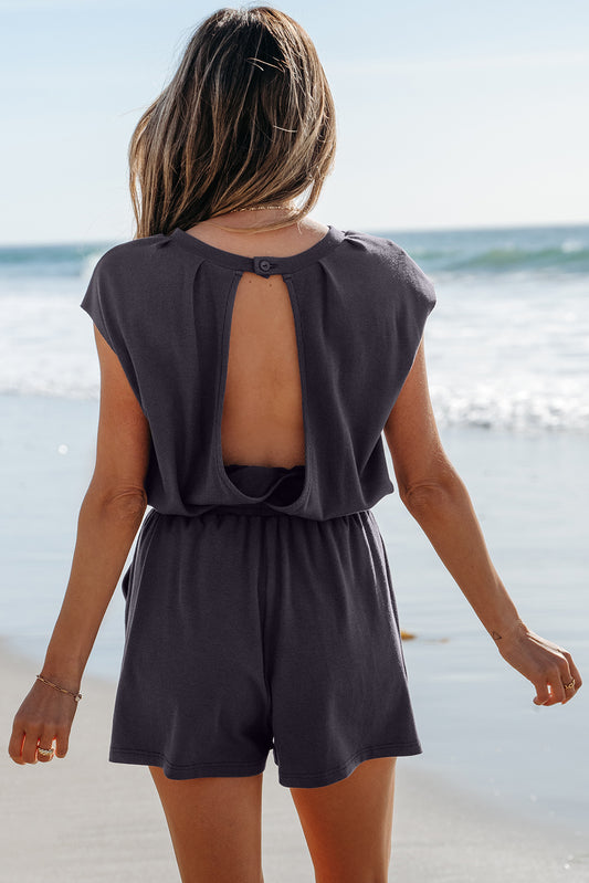 Bristol Black Knit Open Back Cap Sleeve Drawstring Romper Jumpsuits & Rompers JT's Designer Fashion