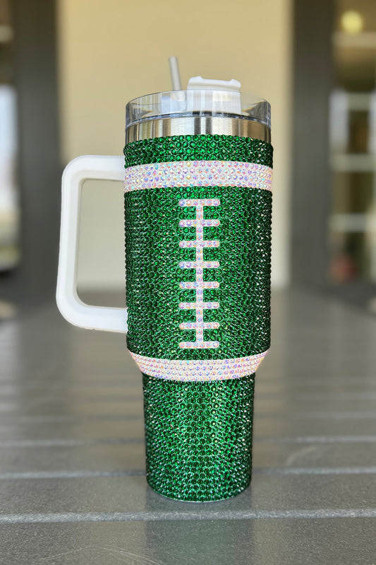 Dark Green Rhinestone Rugby Football Handle Vacuum Cup 40oz Tumblers JT's Designer Fashion