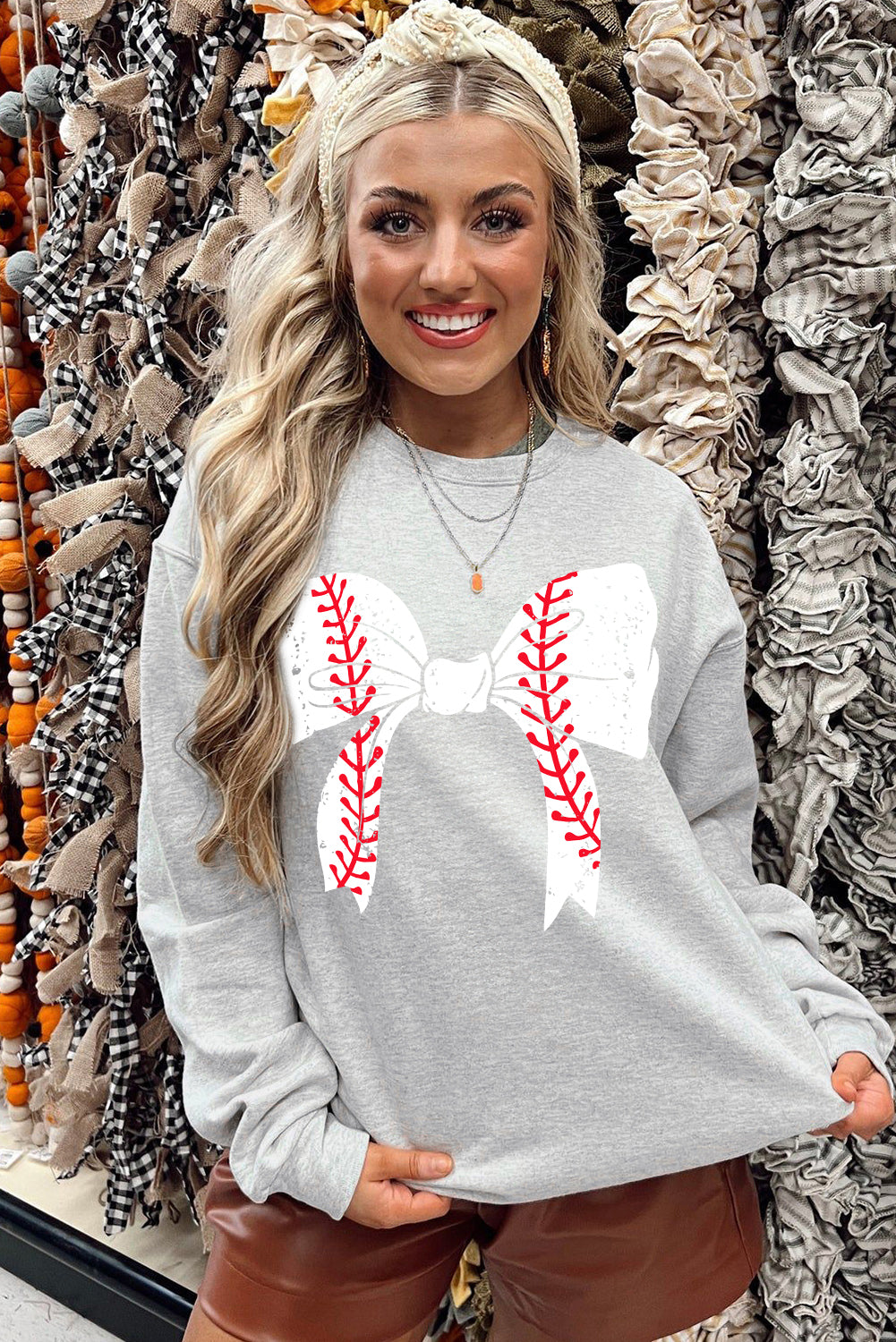 Gray Rugby Football Bowknot Graphic Game Day O Neck Sweatshirt Graphic Sweatshirts JT's Designer Fashion