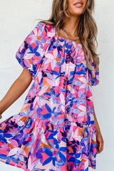 Purple Flower Print Short Puff Sleeve Ruffled Dress Floral Dresses JT's Designer Fashion