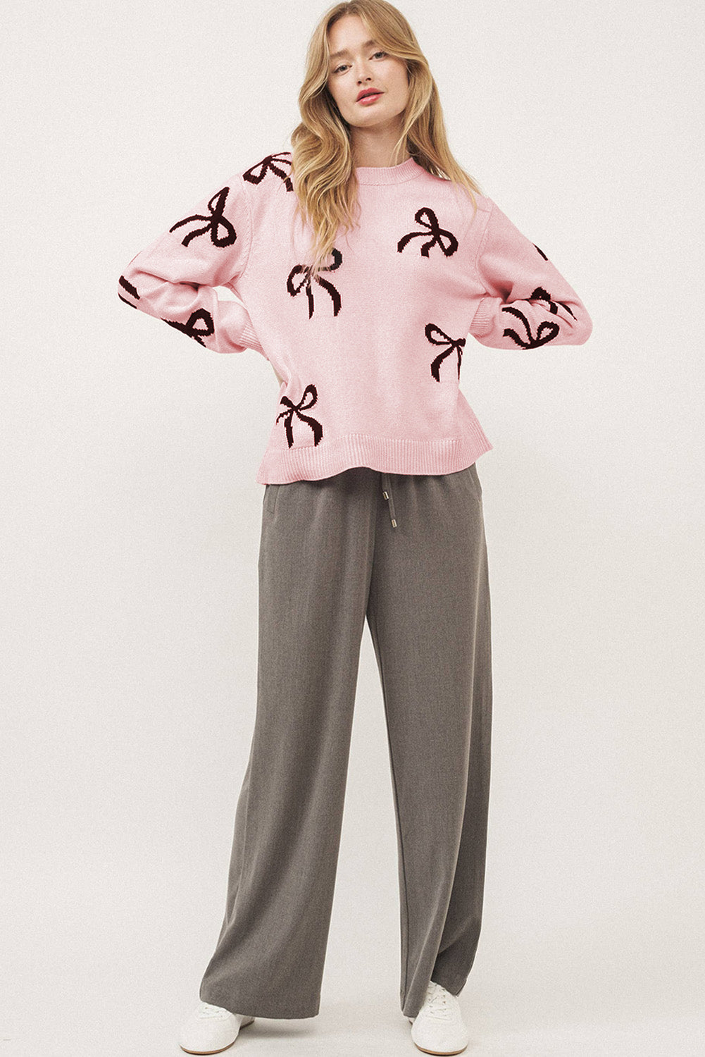 Light Pink Bow Pattern Knitted Loose Fit Sweater Sweaters JT's Designer Fashion