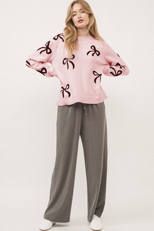 Light Pink Bow Pattern Knitted Loose Fit Sweater Sweaters JT's Designer Fashion