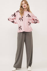 Light Pink Bow Pattern Knitted Loose Fit Sweater Sweaters JT's Designer Fashion