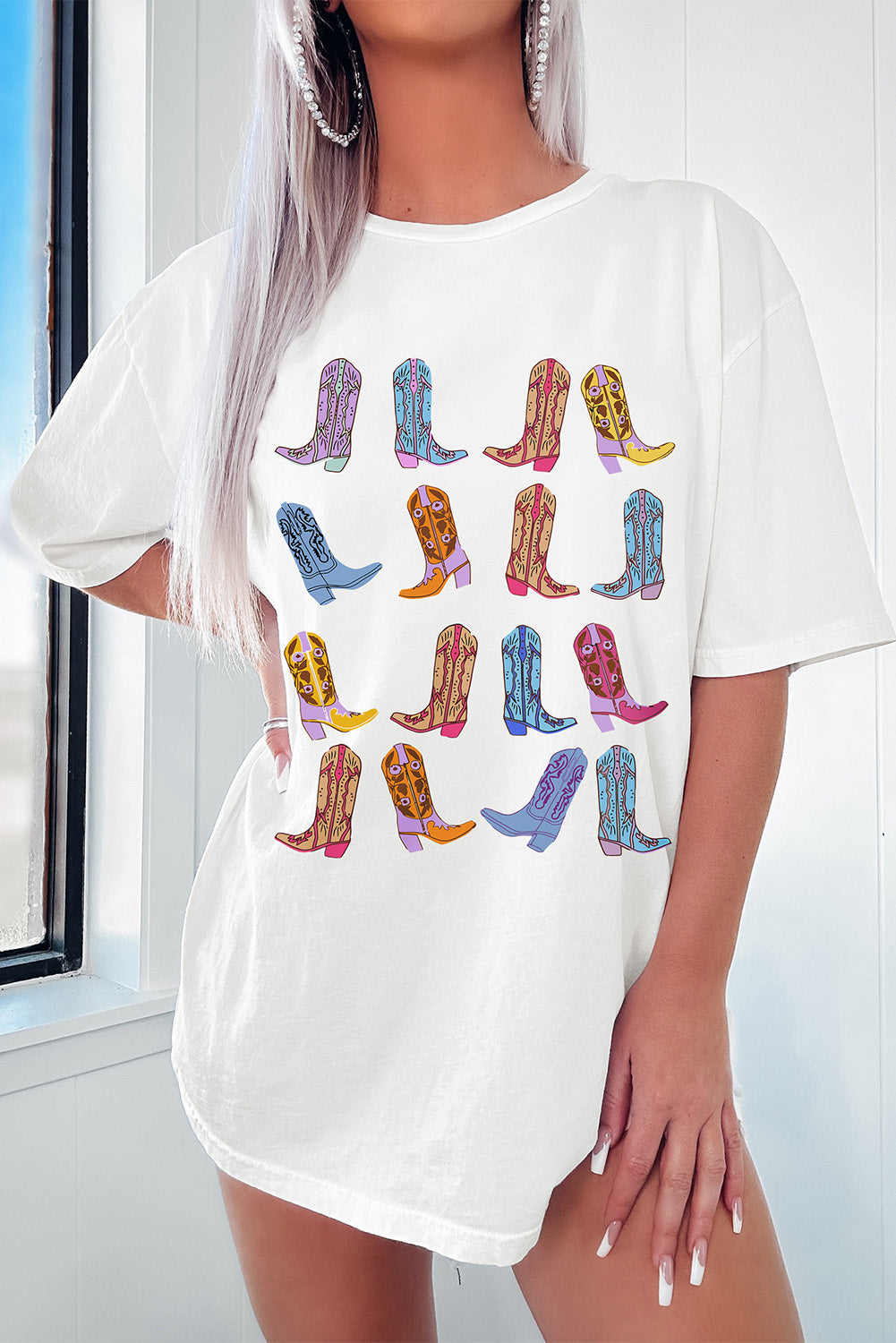 White Western Cowgirl Boots Graphic Crewneck Tunic T Shirt Graphic Tees JT's Designer Fashion