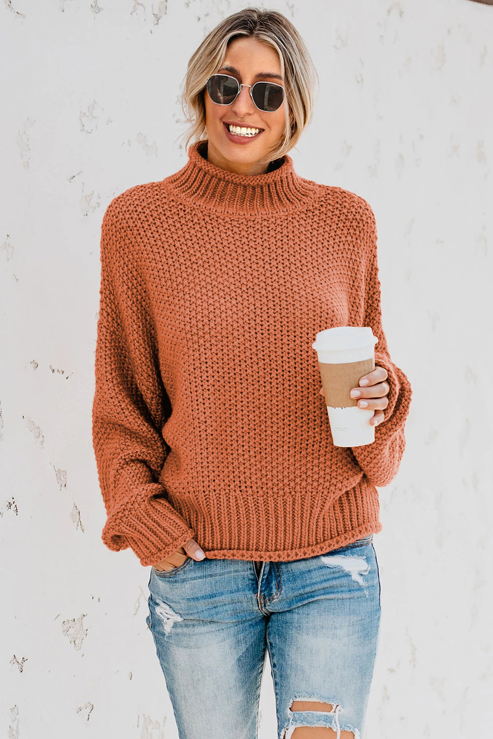 Orange Oversized Chunky Batwing Long Sleeve Turtleneck Sweater Sweaters & Cardigans JT's Designer Fashion