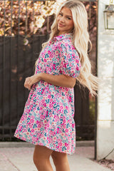 Pink Floral Collared Half Placket Short Sleeve Loose Dress Floral Dresses JT's Designer Fashion
