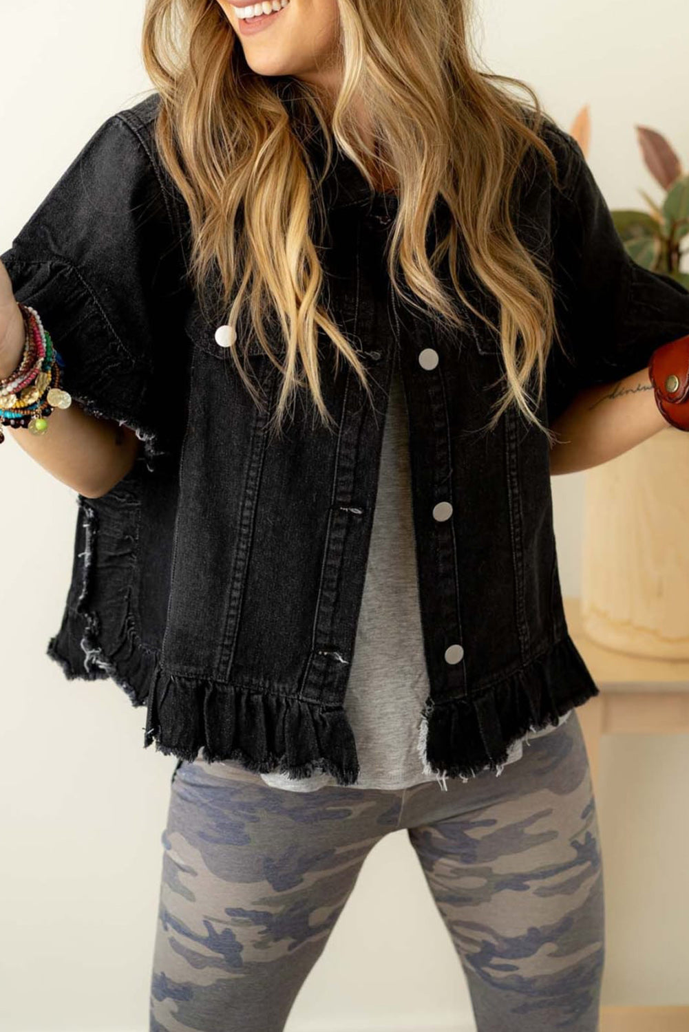Black Raw Edge Ruffled Short Sleeve Denim Jacket Black 85%Cotton+15%Polyester Denim Jackets JT's Designer Fashion