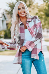 Plaid Color Block Buttoned Long Sleeve Jacket with Pocket Plaid Shackets JT's Designer Fashion