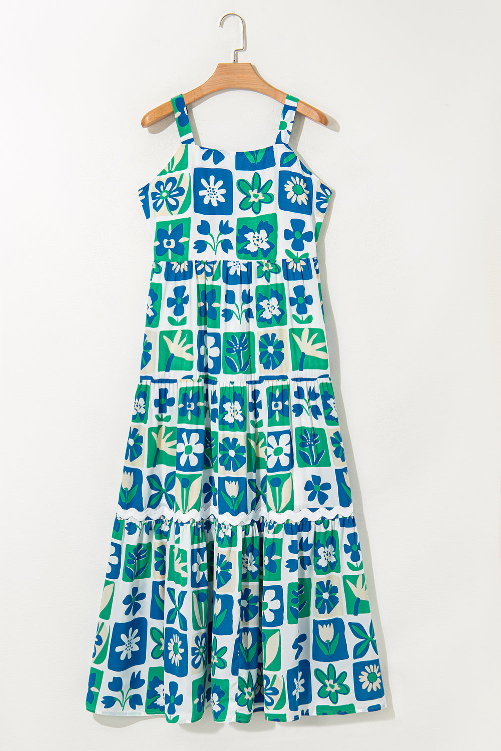 Multicolour Checkered Floral Print Ricrac Trim Casual Pocketed Sleeveless Long Dress Dresses JT's Designer Fashion