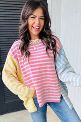 Multicolour Color Block Striped Patchwork Dolman Sleeve Slit Sweater Sweaters JT's Designer Fashion