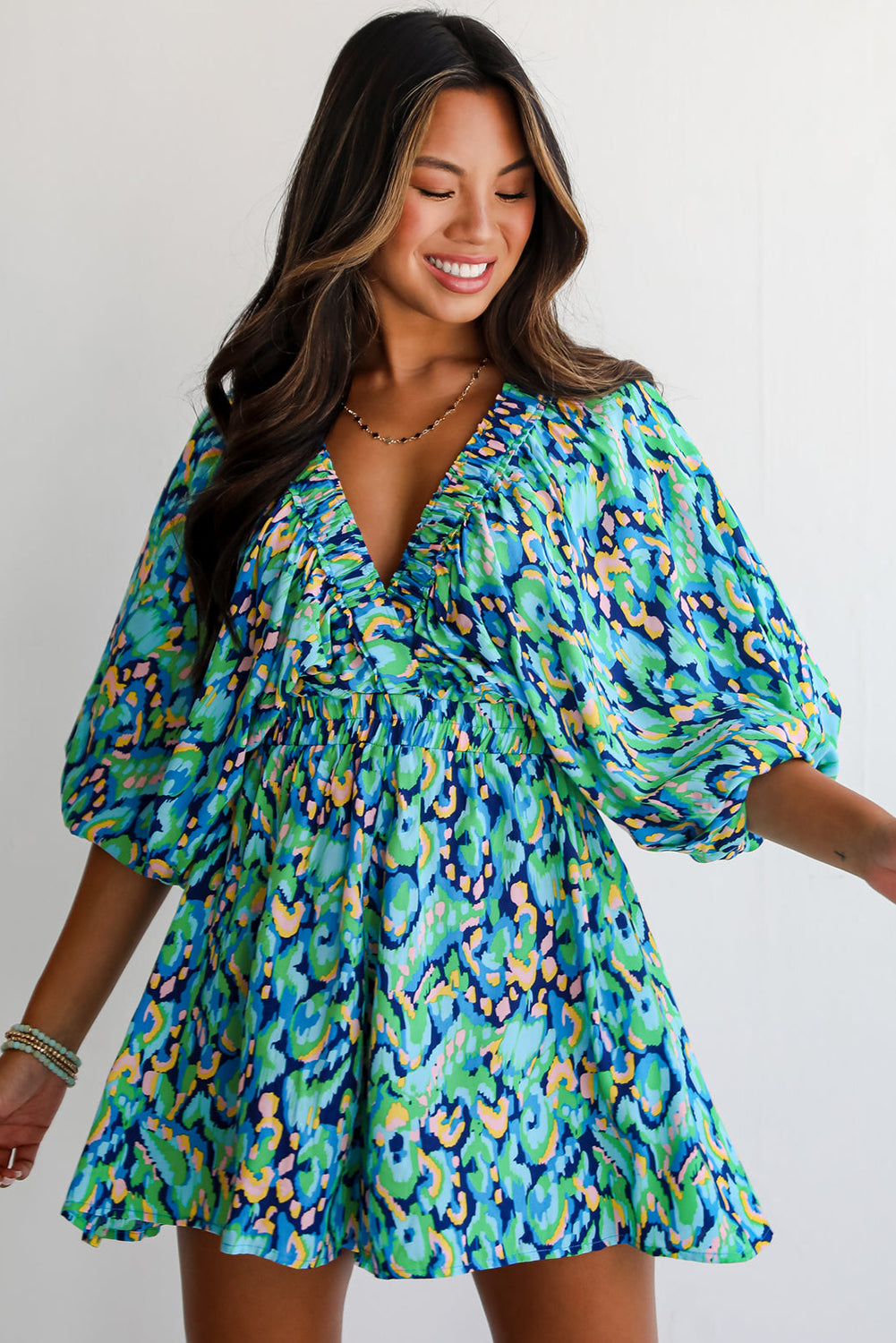 Green Abstract Print Puff Sleeve V Neck High Waist Romper Jumpsuits & Rompers JT's Designer Fashion
