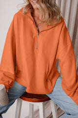 Orange Fleece Lined Half Zipper Kangaroo Pockets Loose Hoodie Sweatshirts & Hoodies JT's Designer Fashion