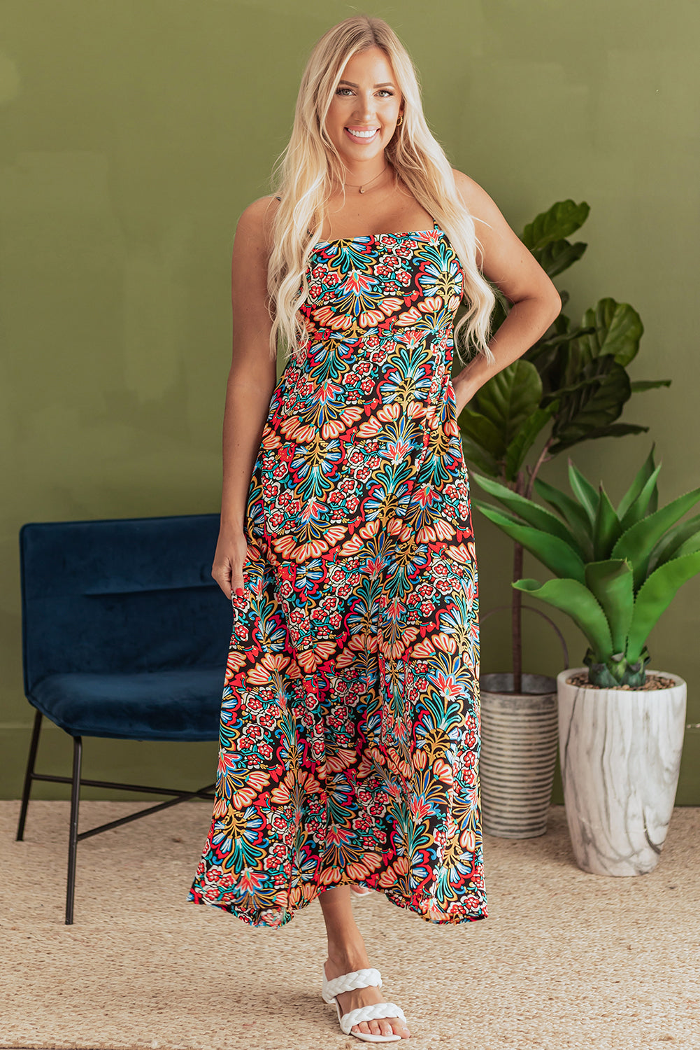 Black Boho Floral Print Thin Straps Sleeveless High Waist Maxi Dress Floral Dresses JT's Designer Fashion