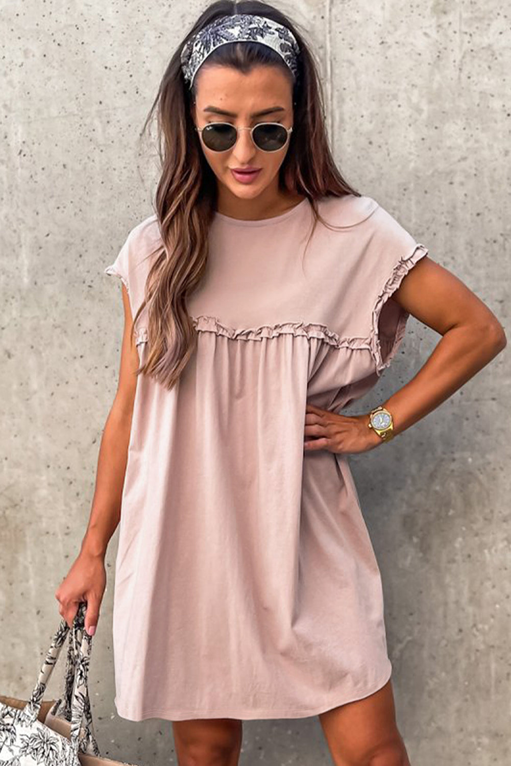 Oatmeal Frilled Trim Crew Neck Loose Fit Mini Dress Mini Dresses JT's Designer Fashion