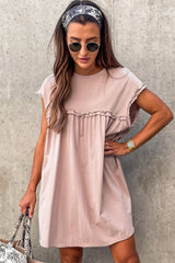 Oatmeal Frilled Trim Crew Neck Loose Fit Mini Dress Mini Dresses JT's Designer Fashion