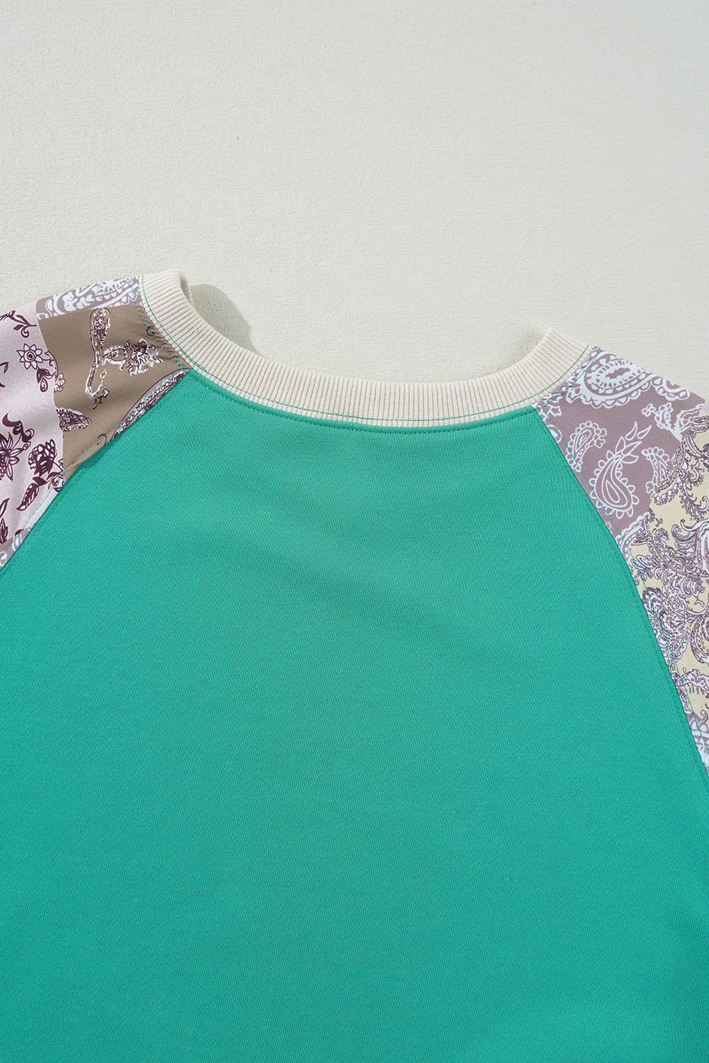 Aruba Blue Plaid Vintage Paisley Patchwork Long Sleeve Raglan Top Long Sleeve Tops JT's Designer Fashion