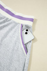 Light Grey Contrast Striped Bands Cropped Pullover and Athletic Short Set Short Sets JT's Designer Fashion