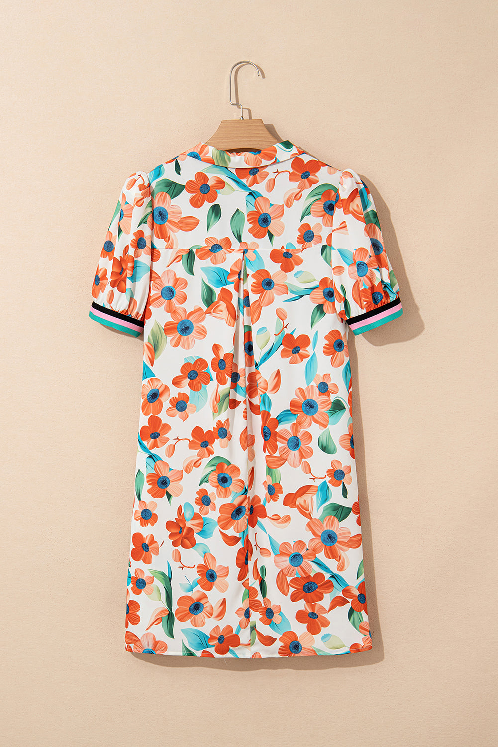 Orange Contrast Trim Floral Split Neck Puff Short Sleeve Tiered Mini Dress Floral Dresses JT's Designer Fashion
