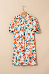 Orange Contrast Trim Floral Split Neck Puff Short Sleeve Tiered Mini Dress Floral Dresses JT's Designer Fashion