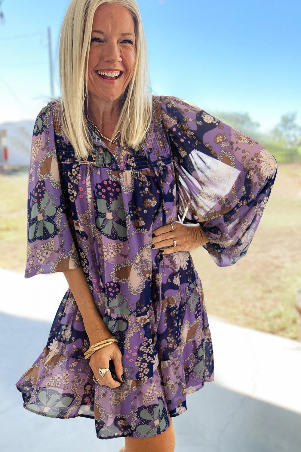 Purple Vintage Daisy Floral Puff Sleeve Ruffle Short Dress Floral Dresses JT's Designer Fashion