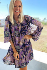 Purple Vintage Daisy Floral Puff Sleeve Ruffle Short Dress Floral Dresses JT's Designer Fashion