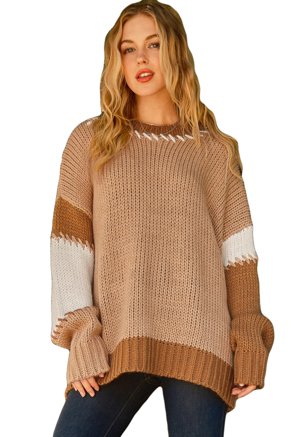Light French Beige Color Block Contrast Stitch Oversized Sweater Sweaters & Cardigans JT's Designer Fashion