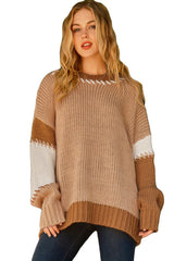 Light French Beige Color Block Contrast Stitch Oversized Sweater Sweaters & Cardigans JT's Designer Fashion
