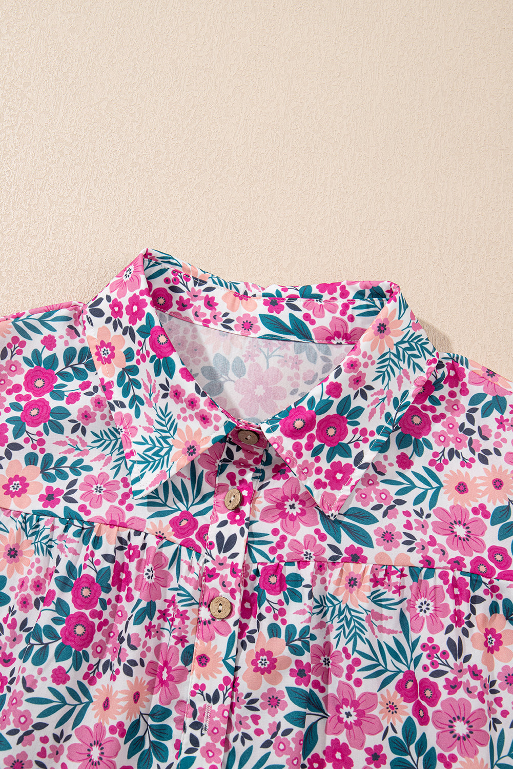 Pink Floral Collared Half Placket Short Sleeve Loose Dress Floral Dresses JT's Designer Fashion