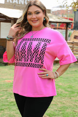 Bright Pink Checker MAMA Letter Printed Graphic Plus Size T Shirt Plus Size Tops & Tees JT's Designer Fashion
