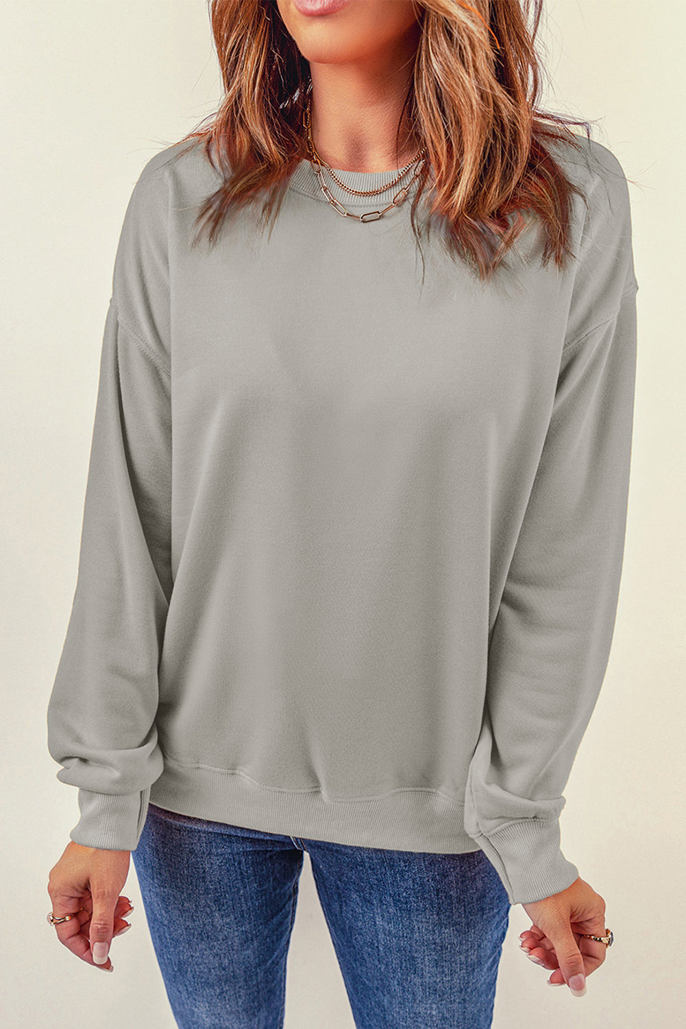 Gray Plain Crew Neck Pullover Sweatshirt Sweatshirts & Hoodies JT's Designer Fashion