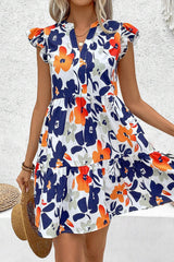 Orange Floral Print Notched Neck Flutter Sleeve Mini Dress Floral Dresses JT's Designer Fashion