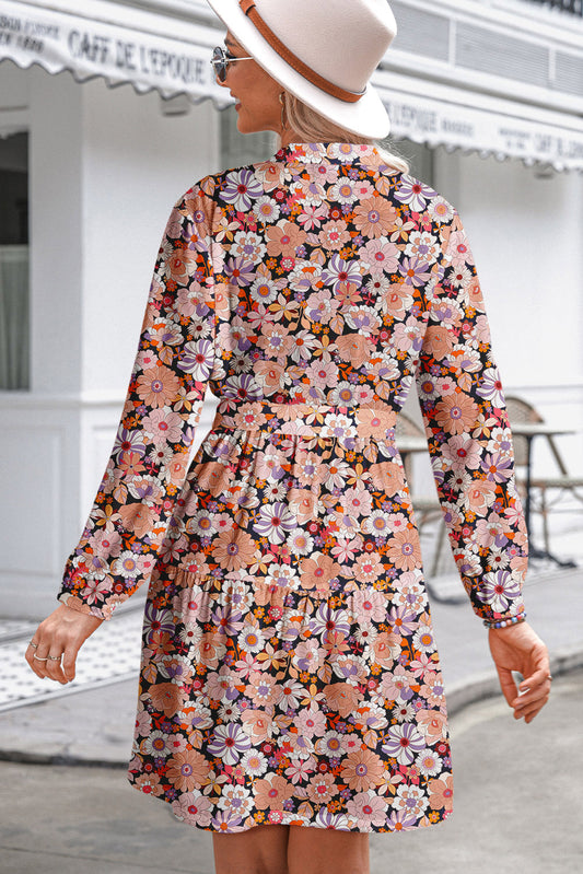 Multicolour Floral Print Long Sleeve Pleated Detail Bleted Mini Dress Mini Dresses JT's Designer Fashion