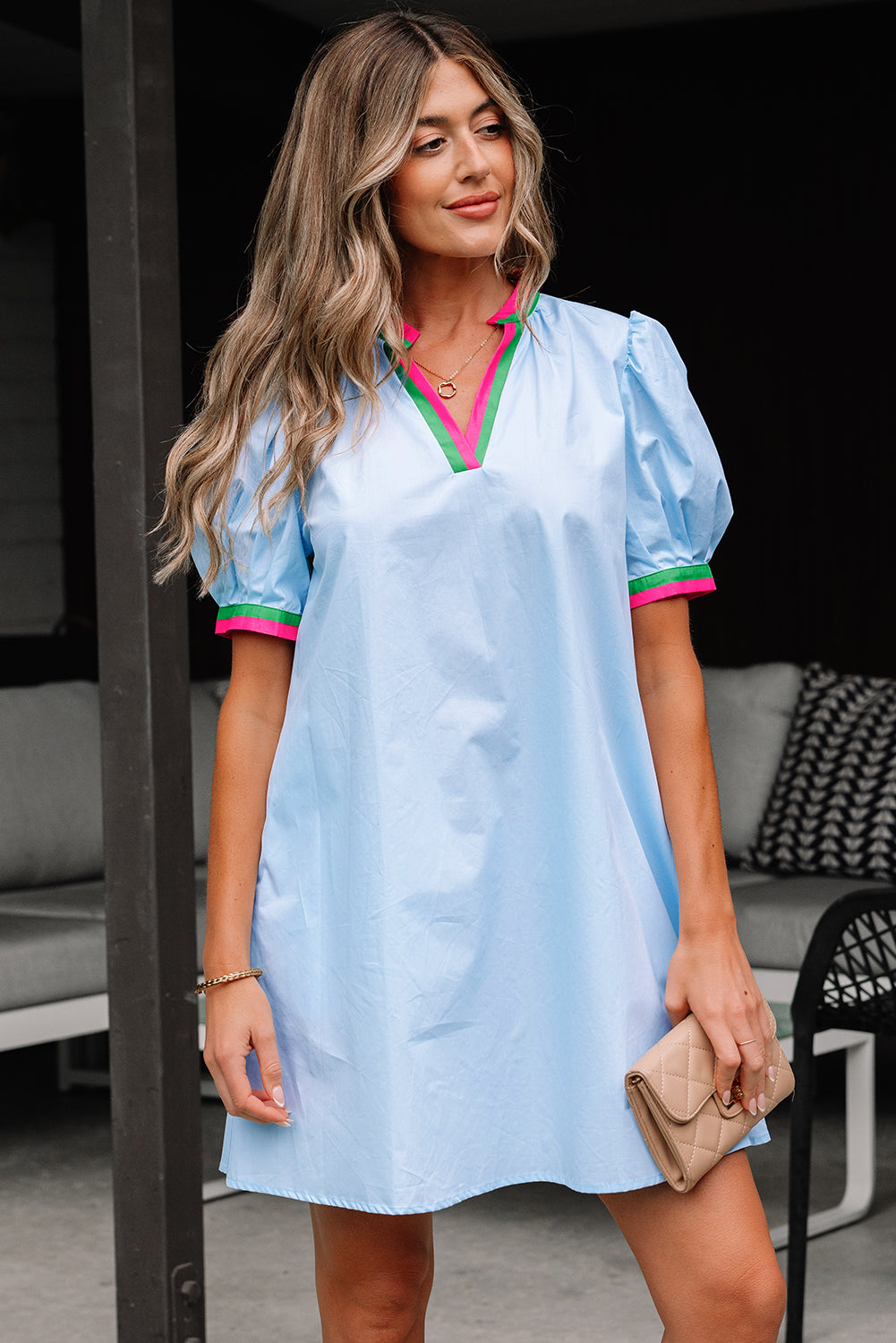 Myosotis Contrast Striped Notched V Neck Puff Sleeve Mini Dress Mini Dresses JT's Designer Fashion