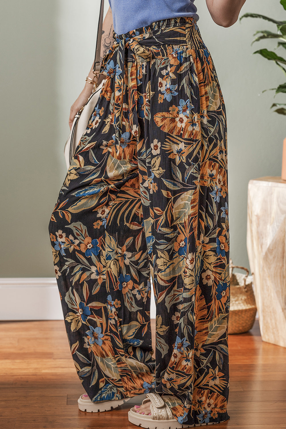 Multicolour Floral Shirred High Waist Wide Leg Pants with Tie Pants & Culotte JT's Designer Fashion