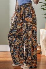 Multicolour Floral Shirred High Waist Wide Leg Pants with Tie Pants & Culotte JT's Designer Fashion