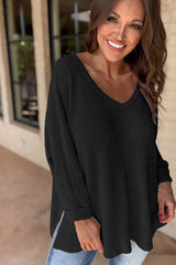 Black Waffle Knit Side Slits Loose Fit V Neck Top Long Sleeve Tops JT's Designer Fashion