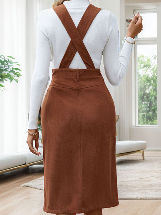 Perfee Slit Overall Dress with Pockets Midi Dresses JT's Designer Fashion