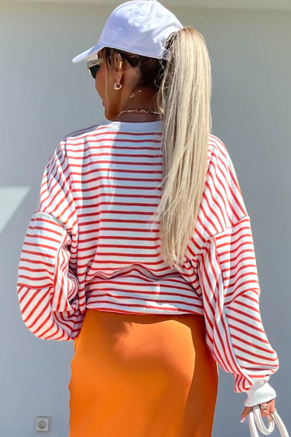 Orange Stripe Drop Shoulder Crew Neck Loose Sweatshirt Sweatshirts & Hoodies JT's Designer Fashion