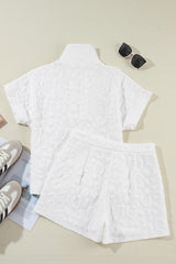 White Leopard Jacquard Quarter Zip Tee and Shorts Set Short Sets JT's Designer Fashion