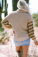 Smoke Gray Striped Plaid Patchwork Waffle Knit Turtleneck Sweater Sweaters JT's Designer Fashion