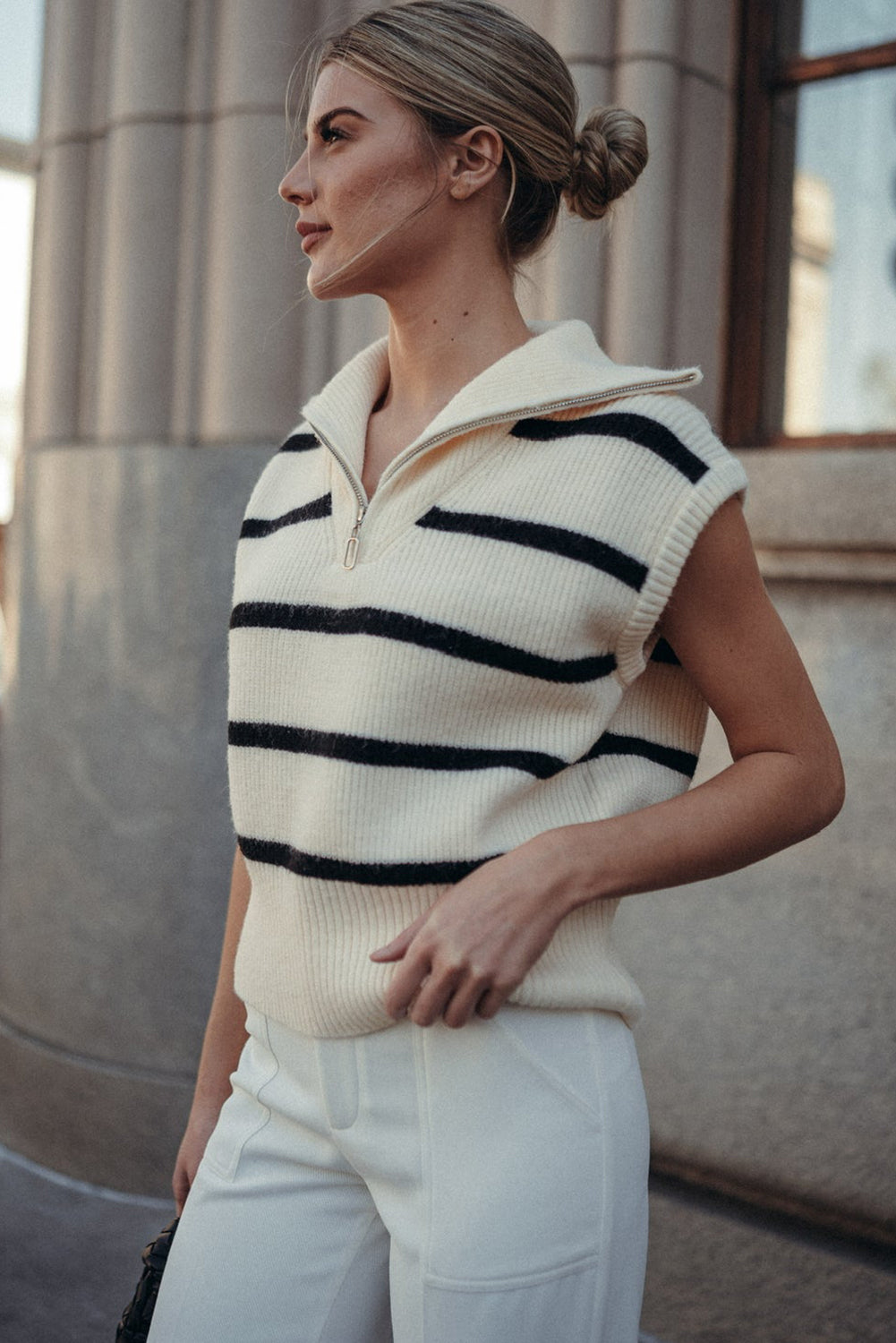 White Stripe Zipped Collar Cap Sleeve Knit Top Sweaters & Cardigans JT's Designer Fashion