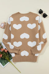 Khaki Contrast Heart Pattern Round Neck Sweater Sweaters JT's Designer Fashion